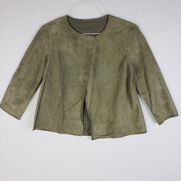 Lafayette 148 Leather Swing Jacket Blazer Olive Green Open Front Suede S/M $698